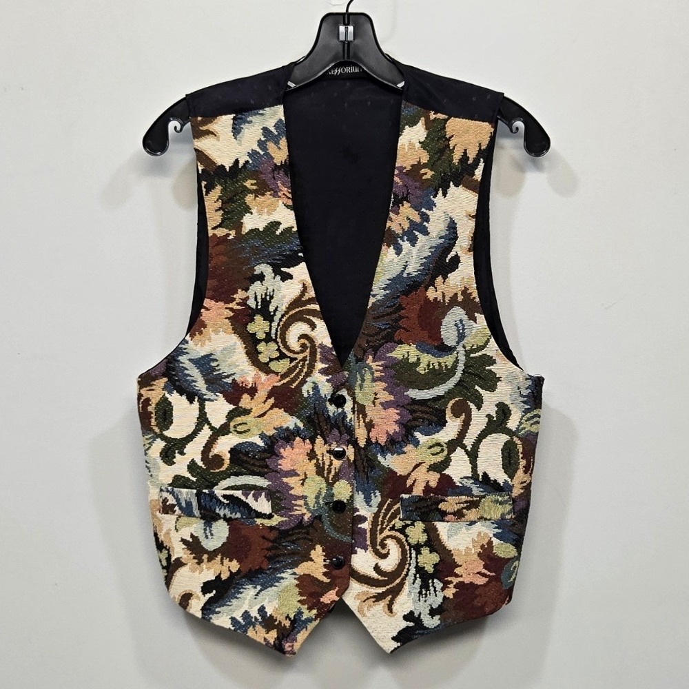 Vintage 90s Tapestry Vest M/L Floral Gobelin Waistcoat Cottage Boho Romantic